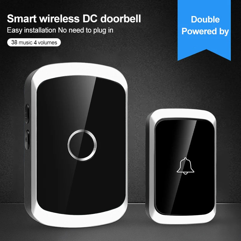Smart wireless DC doorbell with two black and silver components on a dark background