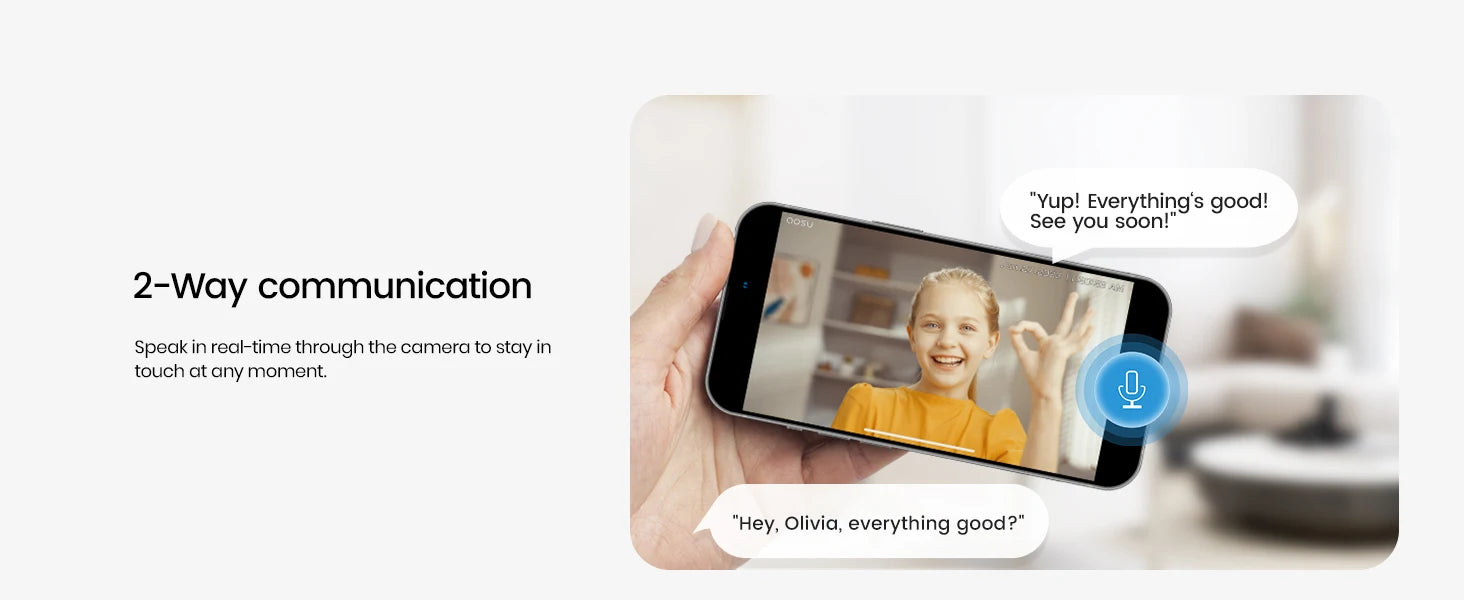 Smartphone displaying a video call with a person in a living room, emphasizing two-way communication.