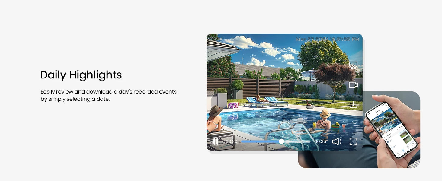 Smartphone displaying a video of people by a pool with text about daily highlights.