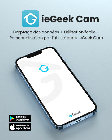Smartphone displaying the ieGeek Cam app with the brand logo on a light blue background.