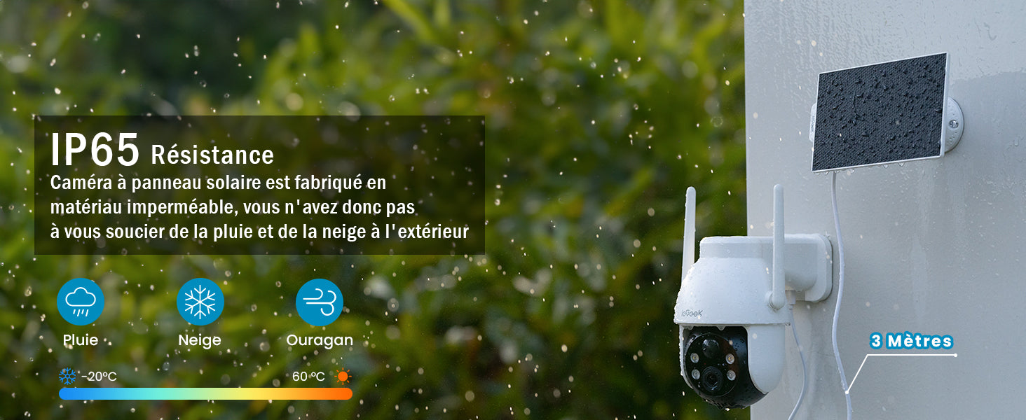 Solar security camera with waterproof rating IP65 on a green outdoor background