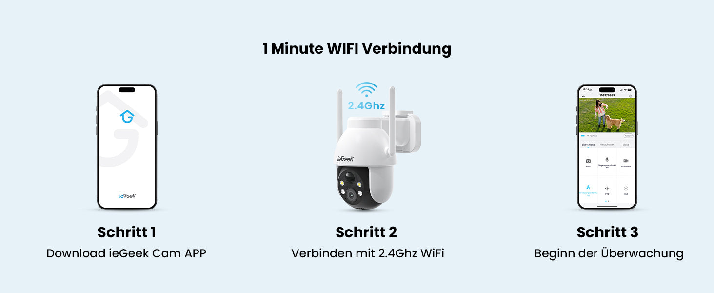 Step-by-step guide for setting up a wireless camera system with smartphone app and Wi-Fi connection.