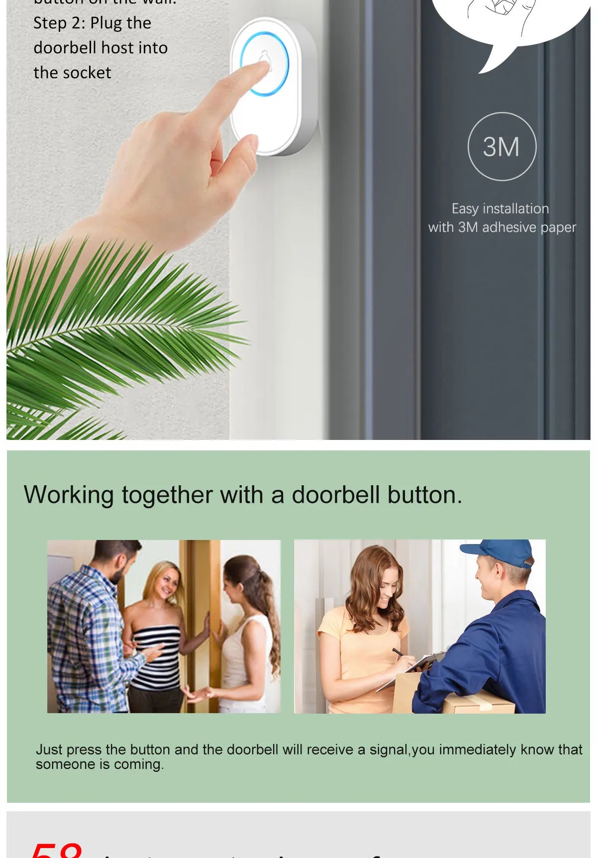 Step-by-step guide on installing a doorbell host with text and images of people using the doorbell.