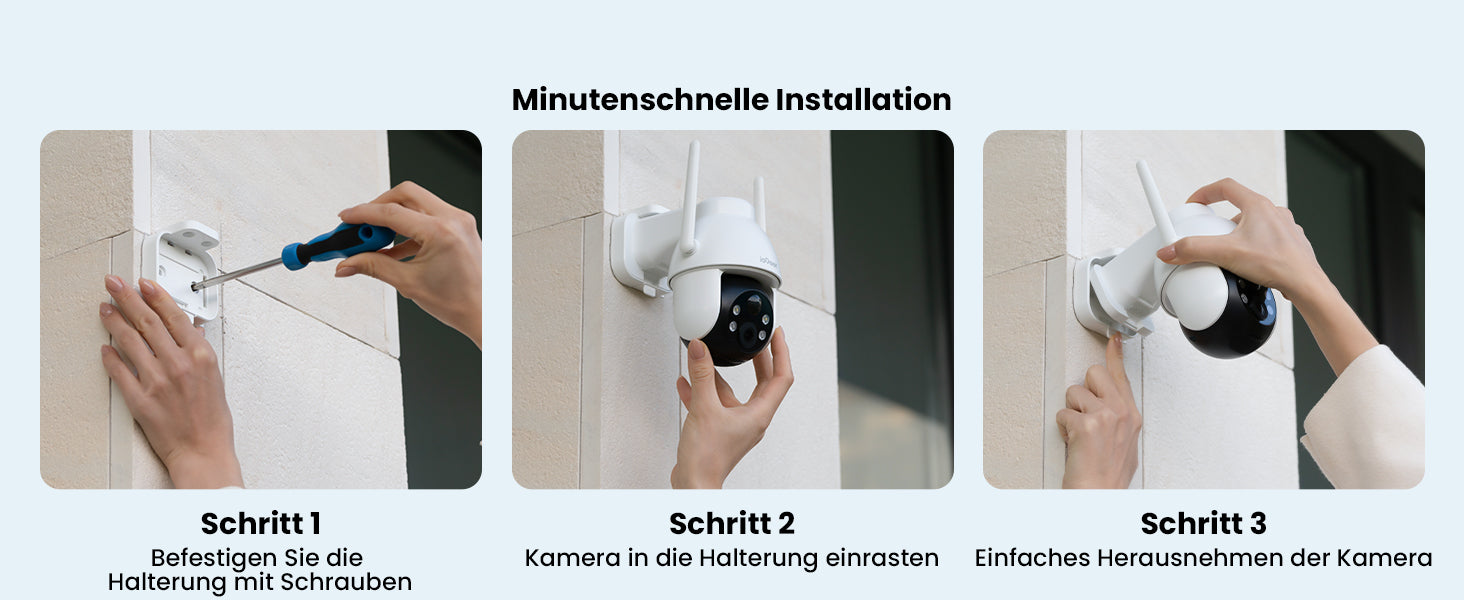 Step-by-step installation guide for a security camera system with text in German.