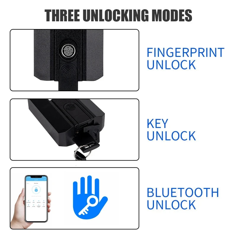 Three unlocking modes of a device with fingerprint, key, and Bluetooth unlock options.