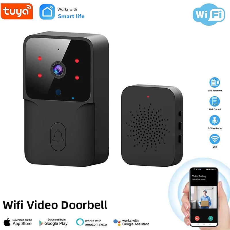 Tuya WiFi video doorbell system with camera and speaker on a white background