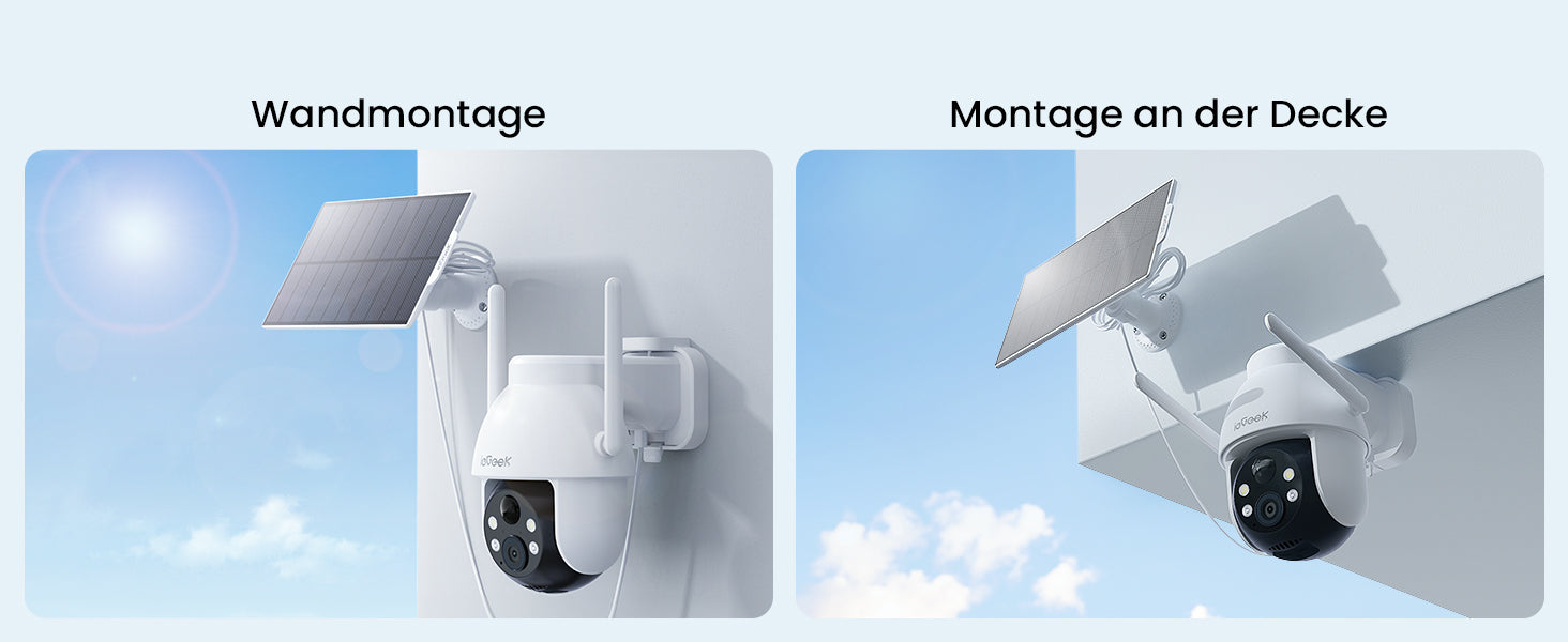 Two diagrams showing a security camera with solar panel on wall and ceiling mounting.