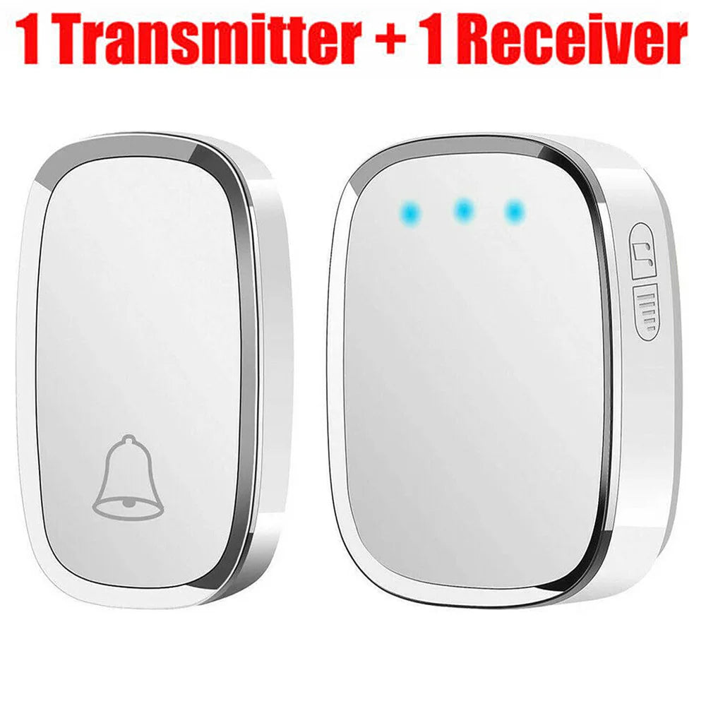 Two electronic doorbell components on a white background with text '1 Transmitter + 1 Receiver'.