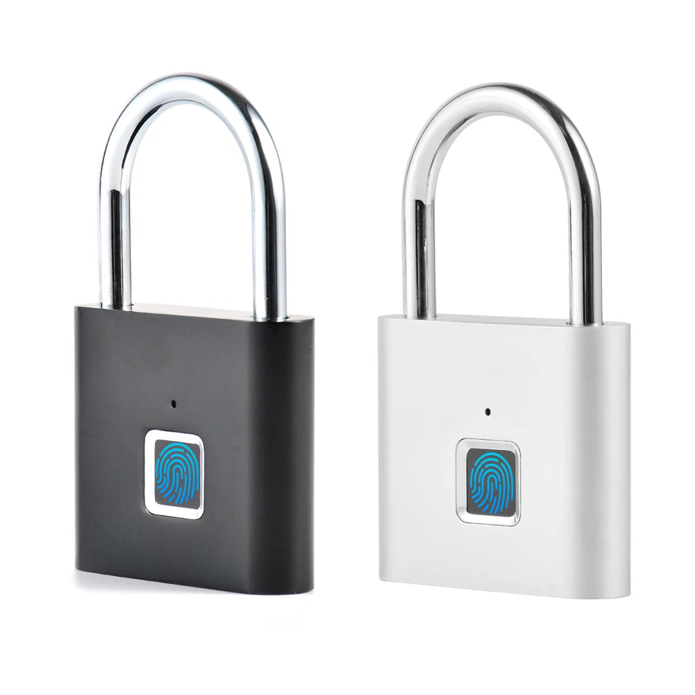 Two fingerprint security locks, one black and one white, on a white background.