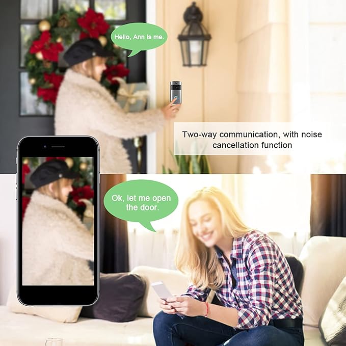 Two people using a two-way communication device with a smartphone app, set against a festive indoor background.