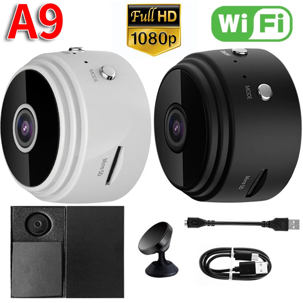Two security cameras with A9, Full HD 1080p, and WiFi indicators on a white background.
