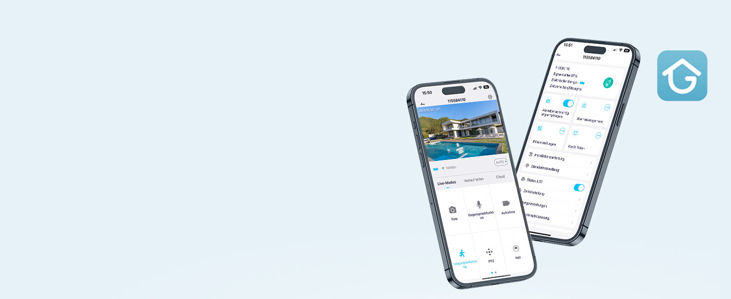Two smartphones displaying an app interface on a light blue background