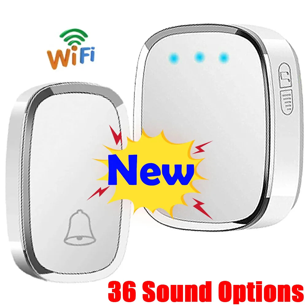 Two wireless doorbell components with a 'New' label and 36 sound options text on a white background.