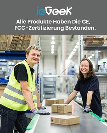 Two workers in a warehouse with ioGeek branding and certification text.