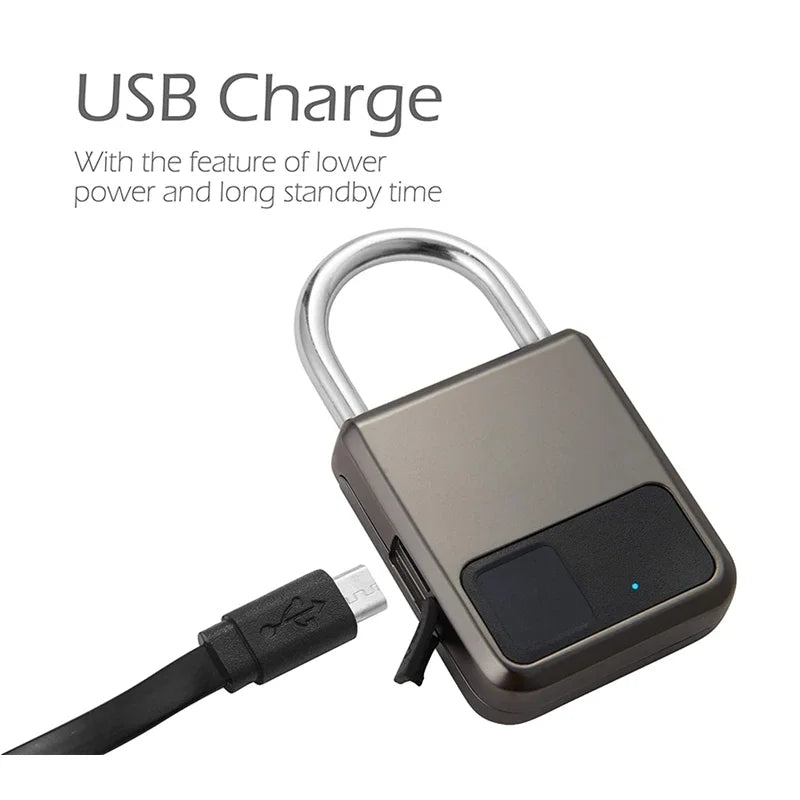 USB-connected lock with charging cable on a white background