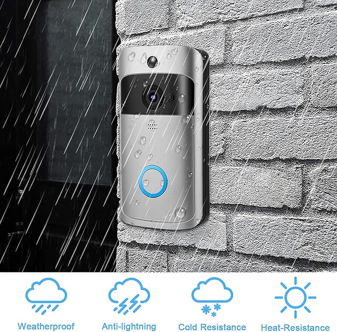 Weatherproof device on a stone wall with rain simulation, featuring icons for weatherproof, anti-lightning, cold resistance, and heat-resistance.