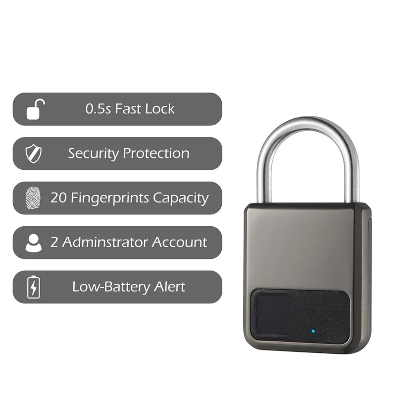 Weatherproof fingerprint padlock installed on an outdoor gate