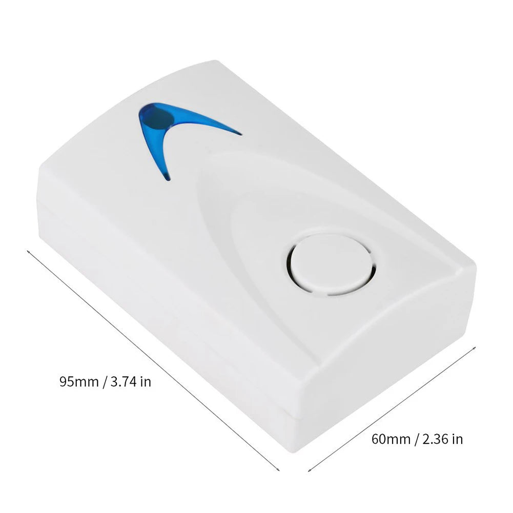 White electronic device with blue accent on a white background, showing dimensions.