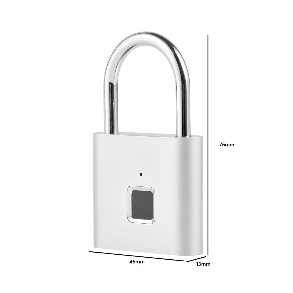 White electronic padlock with dimensions indicated on a white background