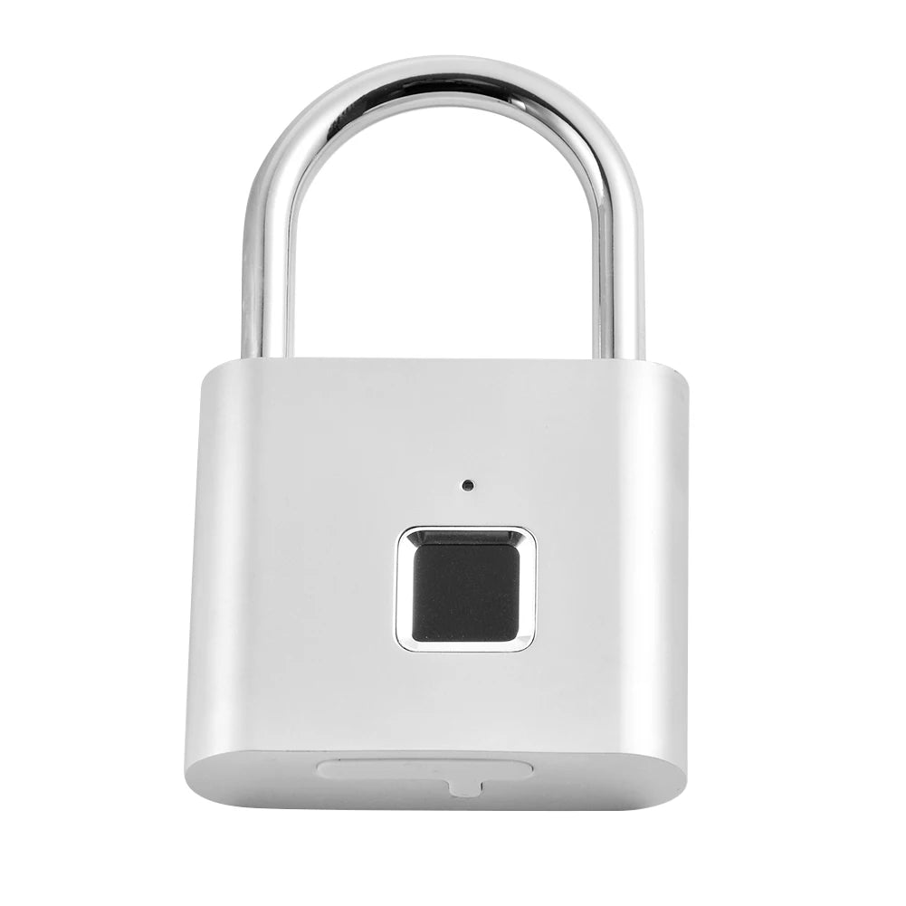 White electronic padlock with fingerprint sensor on a white background