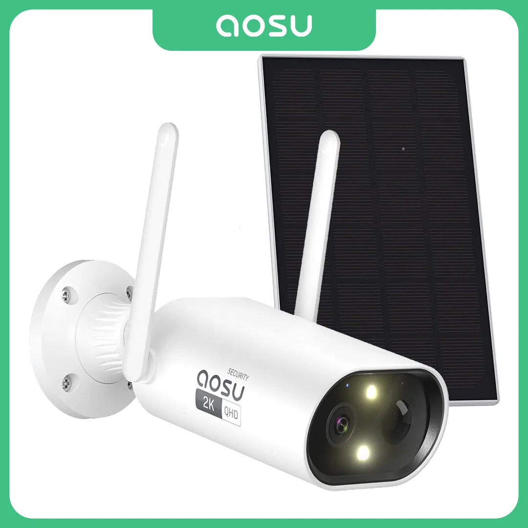 White security camera with solar panel and 'aosu' branding on a white background