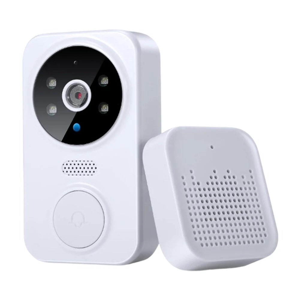 White video doorbell with camera and speaker on a white background