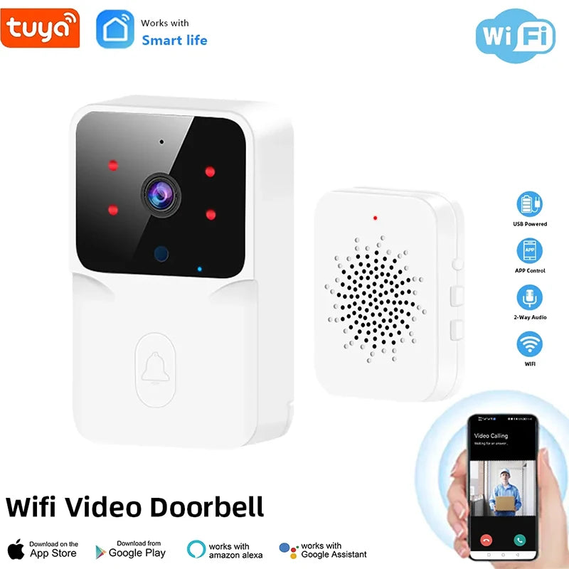 Wi-Fi video doorbell with Tuya Smart Life branding and smartphone app interface.