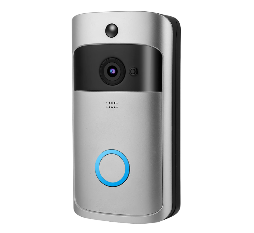 Wireless doorbell camera with a blue power indicator on a white background
