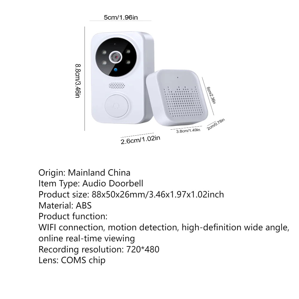 Wireless doorbell with dimensions and technical specifications on a white background