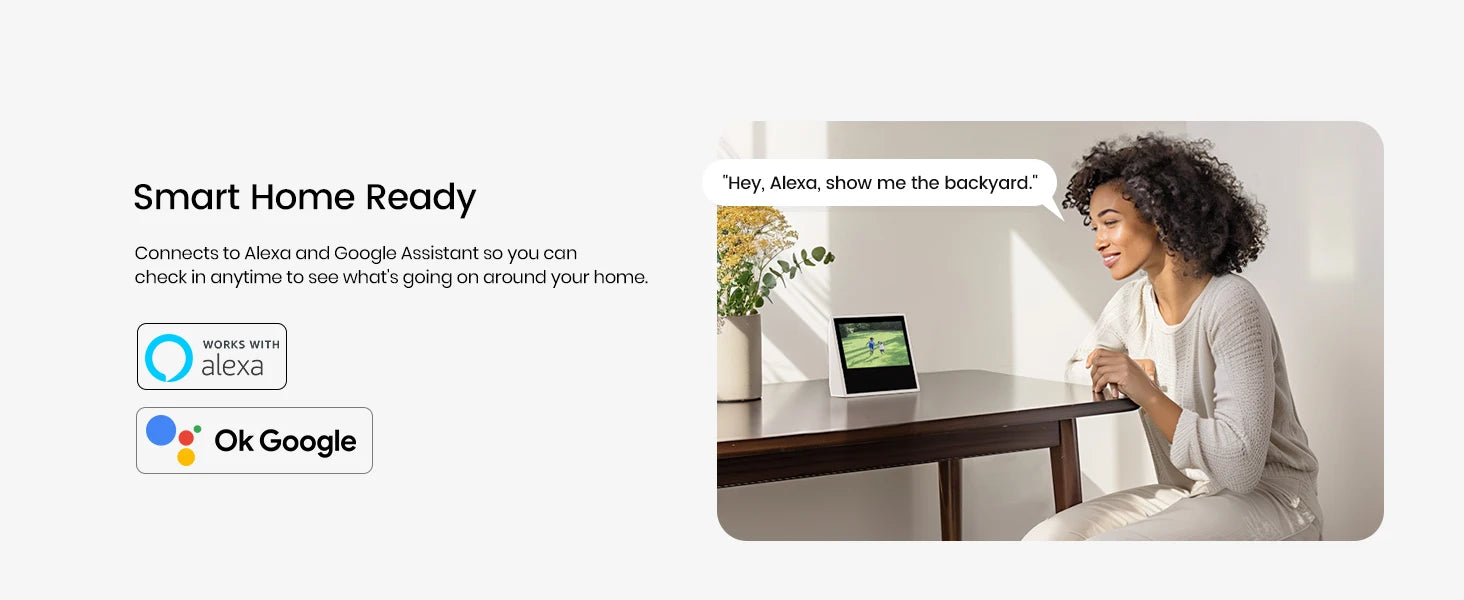 Woman using a smart home device with Alexa and Google Assistant logos displayed.