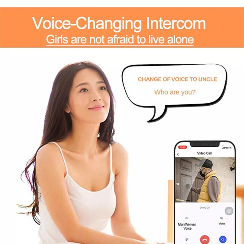 Woman using a voice-changing intercom app with a smartphone, text 'Girls are not afraid to live alone'.