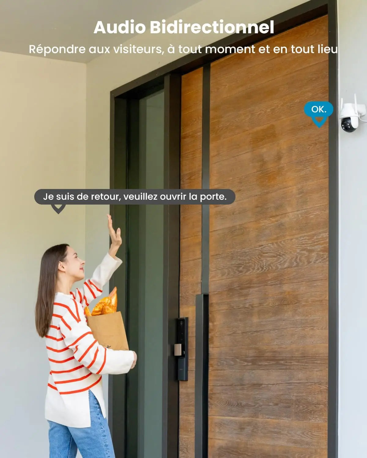 Woman with a package opening a door with text about audio bidirectional communication.